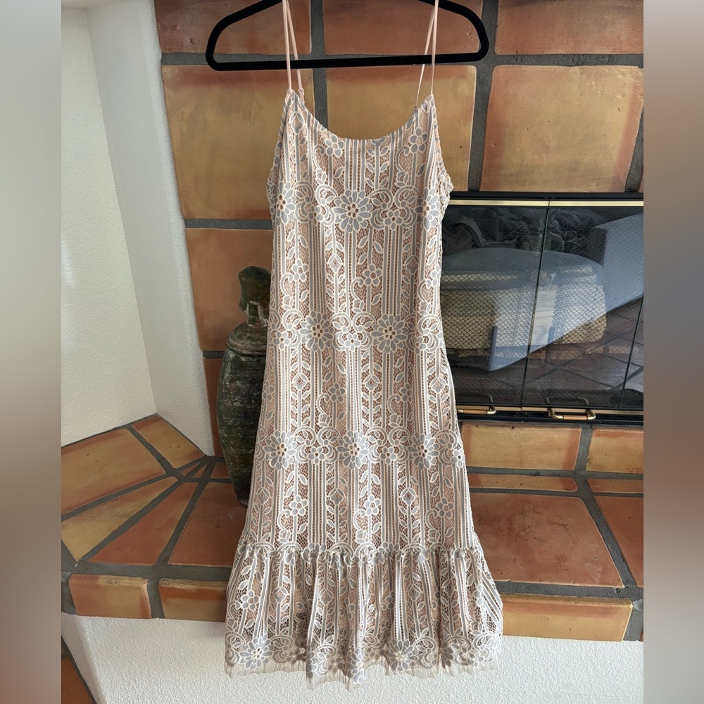 Anthropologie Eri + Ali cream and light blue Lace midi dress cottage core